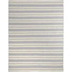 Photo of Blue Ivory And Tan Striped Dhurrie Hand Woven Stain Resistant Area Rug