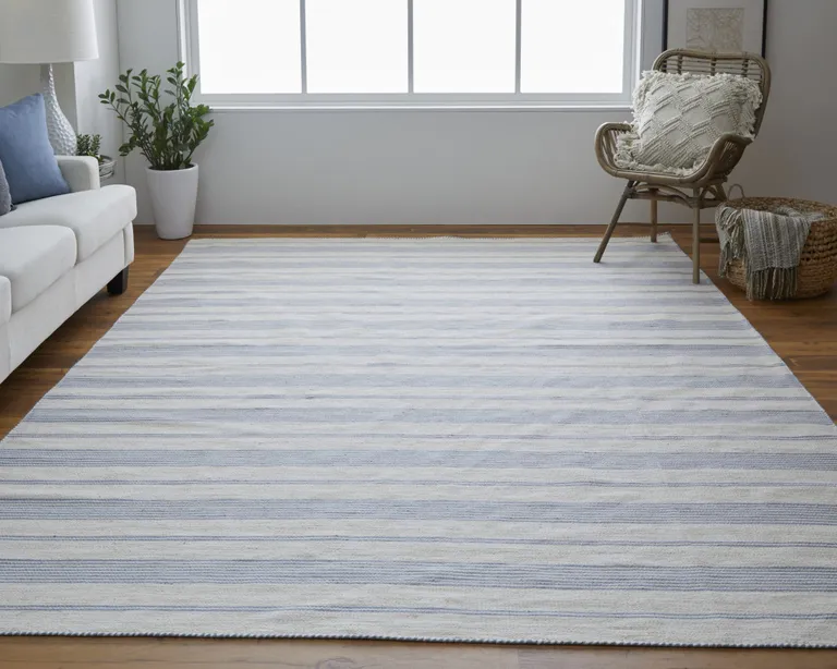 Blue Ivory And Tan Striped Dhurrie Hand Woven Stain Resistant Area Rug Photo 4