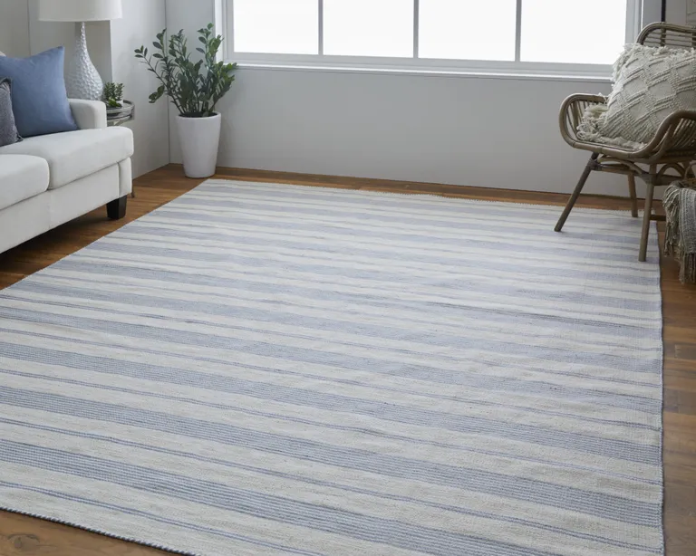 Blue Ivory And Tan Striped Dhurrie Hand Woven Stain Resistant Area Rug Photo 3