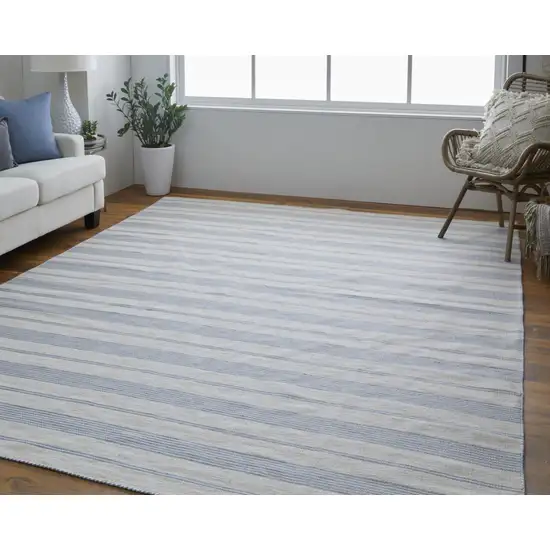 Blue Ivory And Tan Striped Dhurrie Hand Woven Stain Resistant Area Rug Photo 3