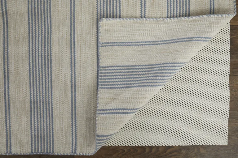 Blue Ivory And Tan Striped Dhurrie Hand Woven Stain Resistant Area Rug Photo 3