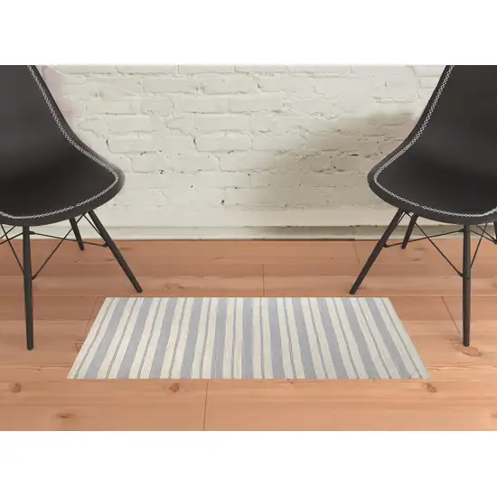 Blue Ivory And Tan Striped Dhurrie Hand Woven Stain Resistant Area Rug Photo 2