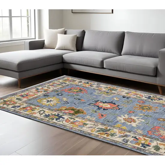 Blue Ivory And Yellow Oriental Area Rug With Fringe Photo 1