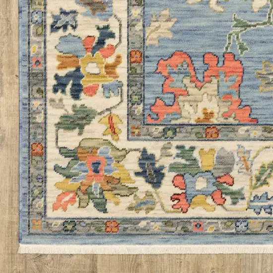 Blue Ivory And Yellow Oriental Area Rug With Fringe Photo 4