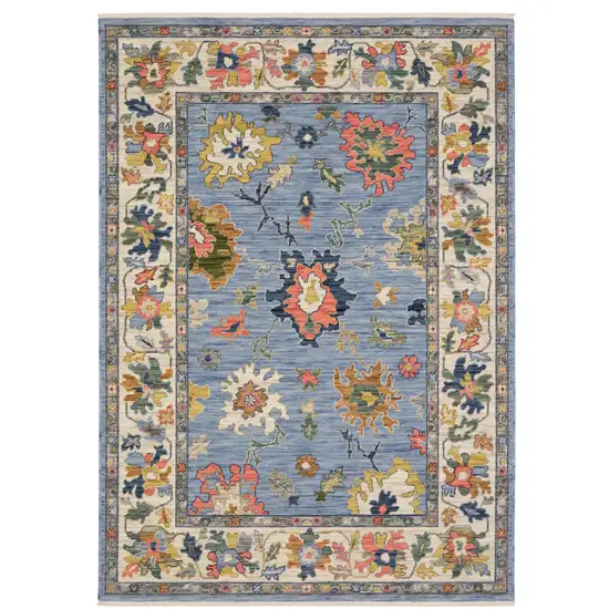 Blue Ivory And Yellow Oriental Area Rug With Fringe Photo 2