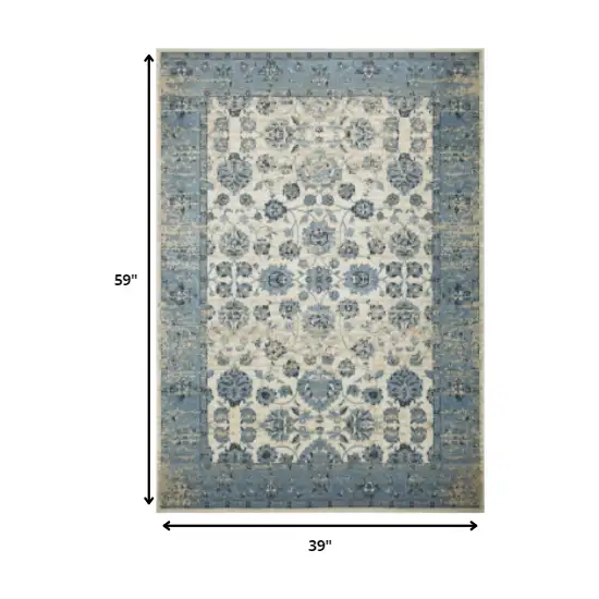 Blue Ivory Distressed Oriental Area Rug Photo 5