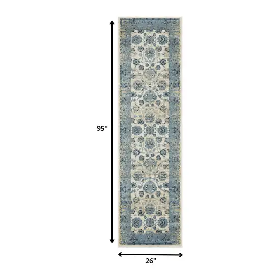 Blue Ivory Distressed Oriental Runner Rug Photo 5