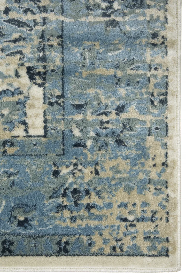 Blue Ivory Distressed Oriental Runner Rug Photo 4