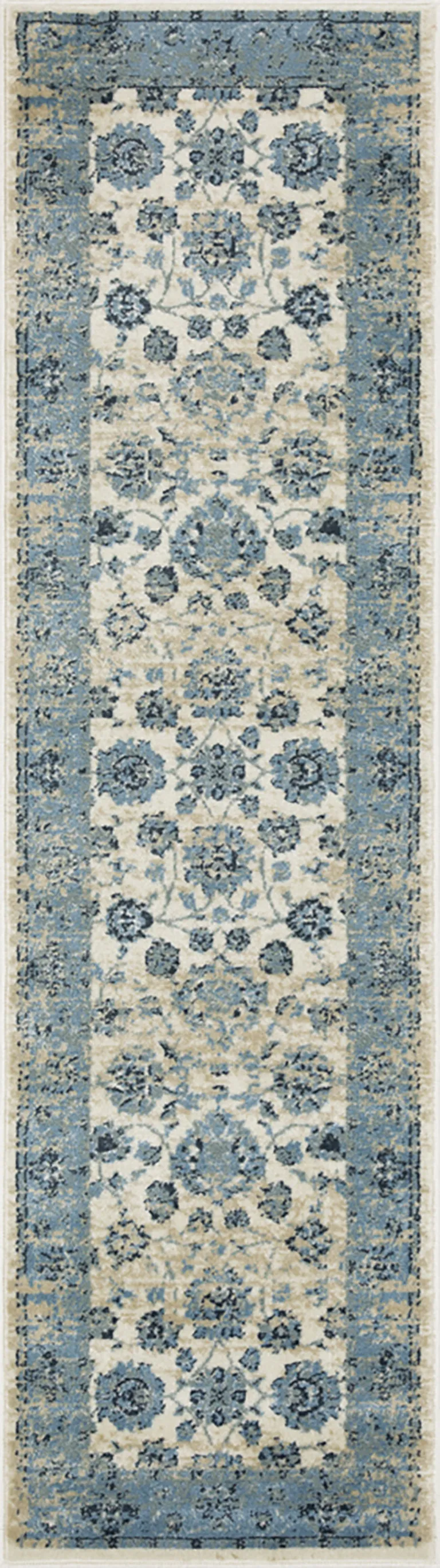 Blue Ivory Distressed Oriental Runner Rug Photo 2