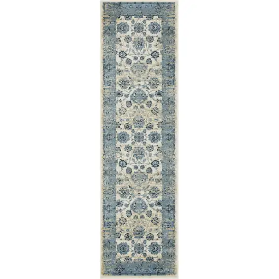 Blue Ivory Distressed Oriental Runner Rug Photo 2