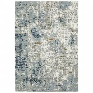 Photo of Blue Ivory Grey Brown Beige And Light Blue Abstract Power Loom Stain Resistant Runner Rug