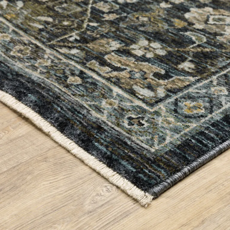 Blue Ivory Grey Gold Green And Brown Oriental Power Loom Stain Resistant Area Rug With Fringe Photo 4