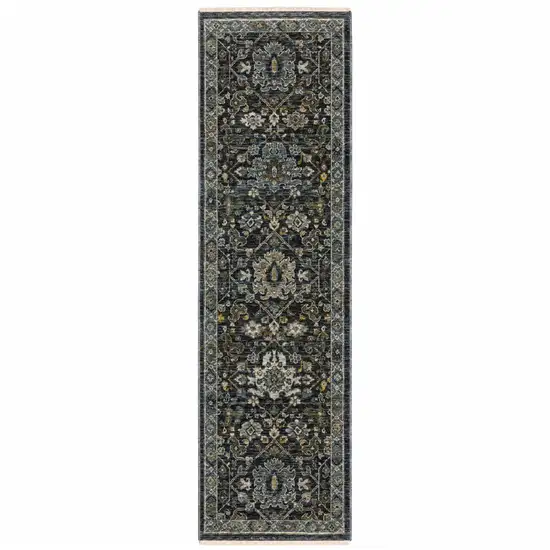 Blue Ivory Grey Gold Green And Brown Oriental Power Loom Stain Resistant Runner Rug With Fringe Photo 1