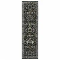 Photo of Blue Ivory Grey Gold Green And Brown Oriental Power Loom Stain Resistant Runner Rug With Fringe