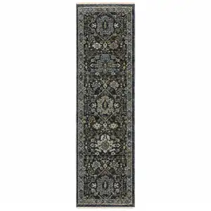 Photo of Blue Ivory Grey Gold Green And Brown Oriental Power Loom Stain Resistant Runner Rug With Fringe