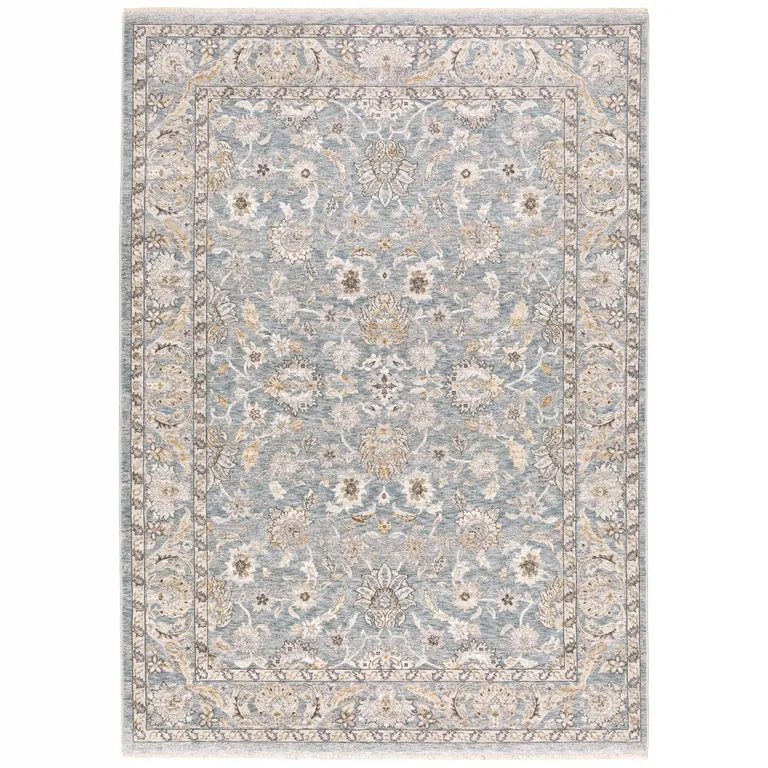 Blue Ivory Machine Woven Floral Oriental Indoor Area Rug Photo 4