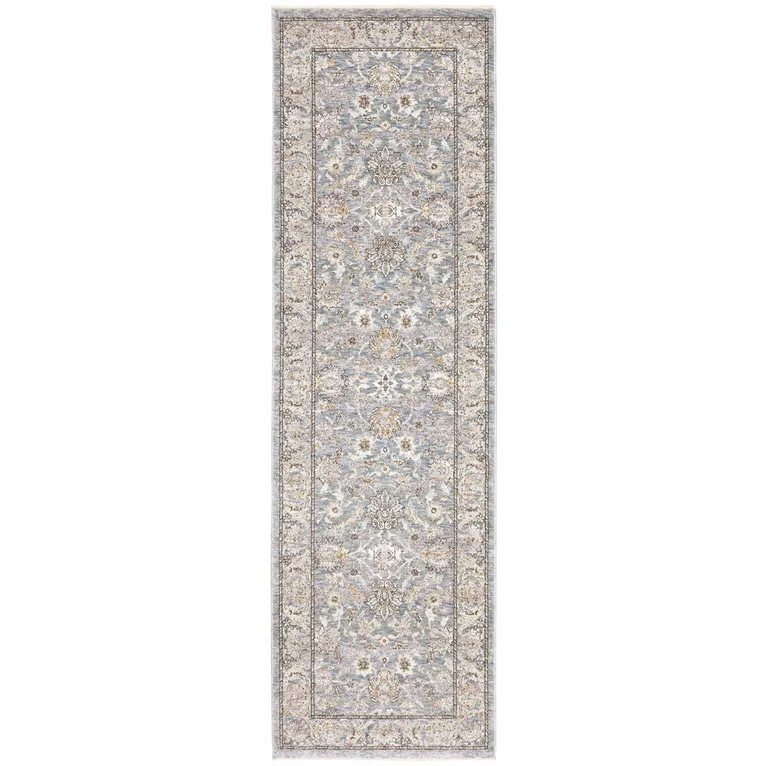 Blue Ivory Machine Woven Floral Oriental Indoor Runner Photo 1