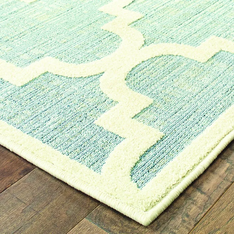 Blue Ivory Machine Woven Geometric Indoor or Outdoor Area Rug Photo 5