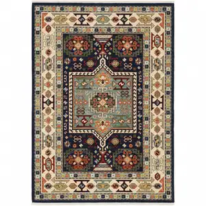 Photo of Blue Ivory Machine Woven Medallion Indoor Area Rug