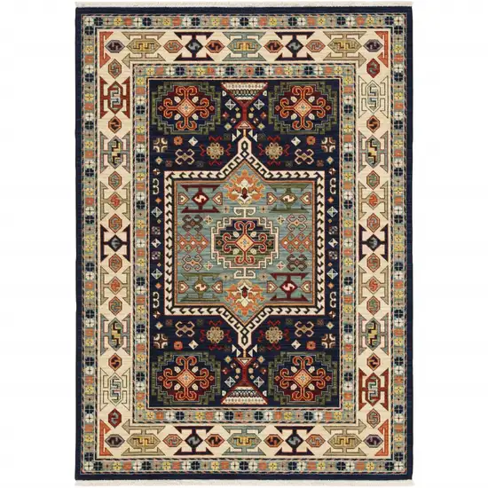 Blue Ivory Machine Woven Medallion Indoor Area Rug Photo 2