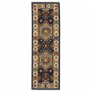 Photo of Blue Ivory Machine Woven Medallion Indoor Runner Rug