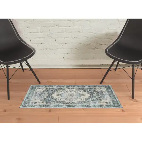 Blue Ivory Teal Brown And Gold Oriental Printed Stain Resistant Non Skid Area Rug Photo 3