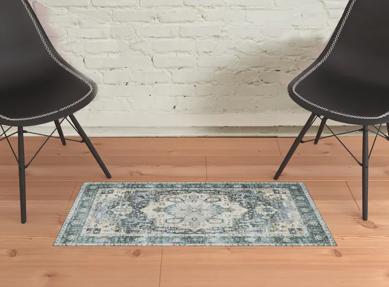 Blue Ivory Teal Brown And Gold Oriental Printed Stain Resistant Non Skid Area Rug Photo 3