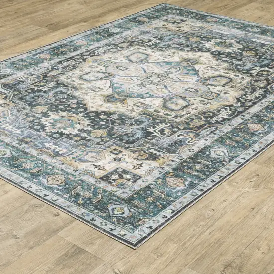 Blue Ivory Teal Brown And Gold Oriental Printed Stain Resistant Non Skid Area Rug Photo 6