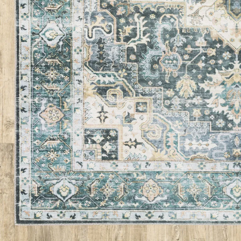 Blue Ivory Teal Brown And Gold Oriental Printed Stain Resistant Non Skid Area Rug Photo 2