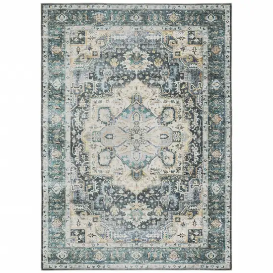 Blue Ivory Teal Brown And Gold Oriental Printed Stain Resistant Non Skid Area Rug Photo 1