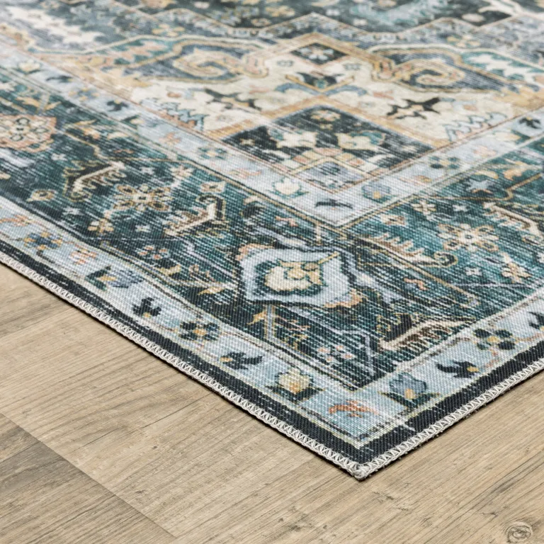 Blue Ivory Teal Brown And Gold Oriental Printed Stain Resistant Non Skid Area Rug Photo 5