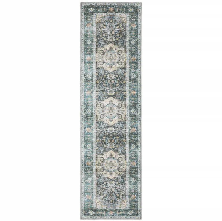 Blue Ivory Teal Brown And Gold Oriental Printed Stain Resistant Non Skid Runner Rug Photo 1