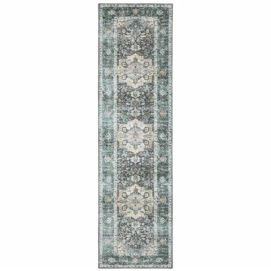 Blue Ivory Teal Brown And Gold Oriental Printed Stain Resistant Non Skid Runner Rug Photo 2