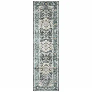 Photo of Blue Ivory Teal Brown And Gold Oriental Printed Stain Resistant Non Skid Runner Rug