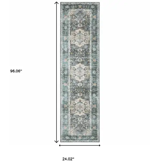 Blue Ivory Teal Brown And Gold Oriental Printed Stain Resistant Non Skid Runner Rug Photo 9