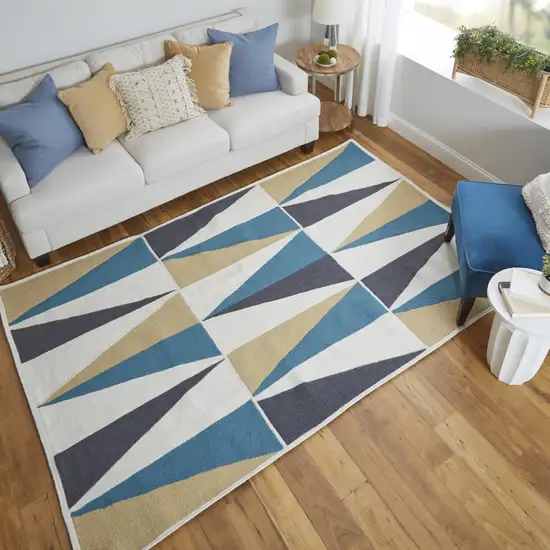 Blue Ivory and Gold Geometric Power Loom Area Rug Photo 9