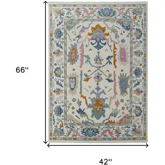 Blue Ivory and Pink Wool Floral Hand Knotted Area Rug With Fringe Photo 3