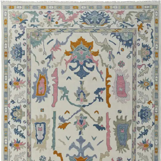 Blue Ivory and Pink Wool Floral Hand Knotted Area Rug With Fringe Photo 5