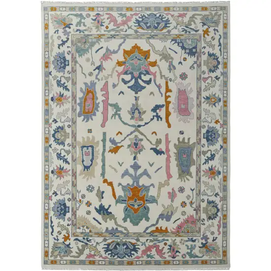 Blue Ivory and Pink Wool Floral Hand Knotted Area Rug With Fringe Photo 2