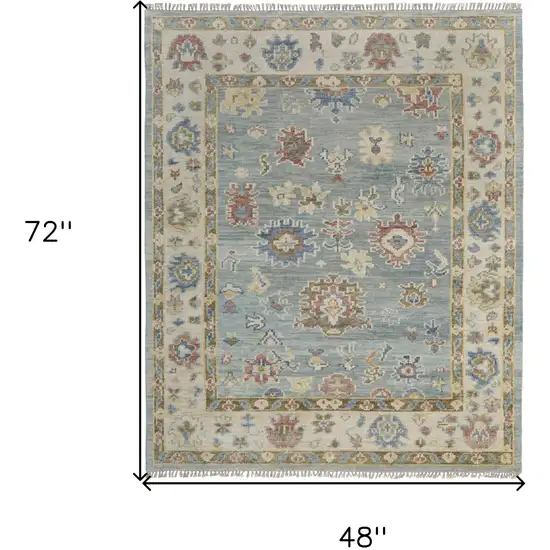 Blue Ivory and Yellow Wool Floral Hand Knotted Area Rug With Fringe Photo 3