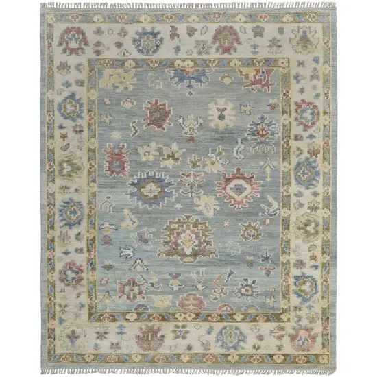 Blue Ivory and Yellow Wool Floral Hand Knotted Area Rug With Fringe Photo 4