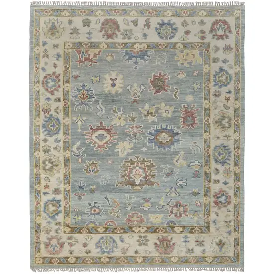 Blue Ivory and Yellow Wool Floral Hand Knotted Area Rug With Fringe Photo 5