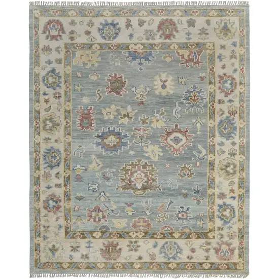 Blue Ivory and Yellow Wool Floral Hand Knotted Area Rug With Fringe Photo 2