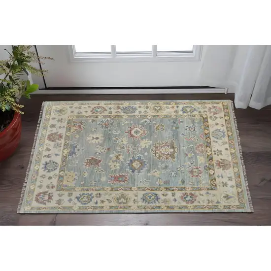 Blue Ivory and Yellow Wool Floral Hand Knotted Area Rug With Fringe Photo 1