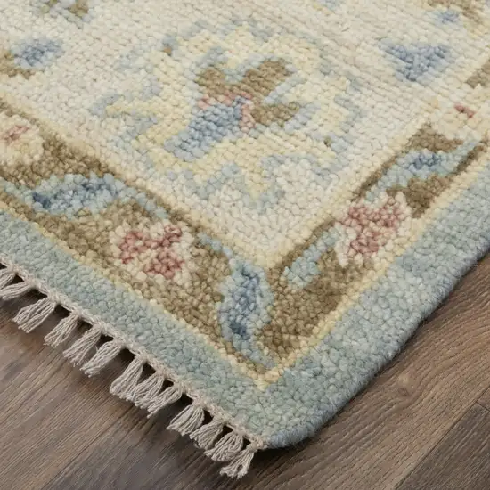 Blue Ivory and Yellow Wool Floral Hand Knotted Area Rug With Fringe Photo 8