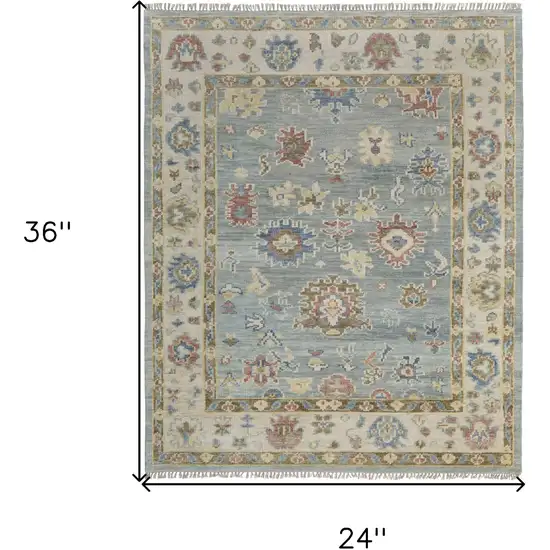 Blue Ivory and Yellow Wool Floral Hand Knotted Area Rug With Fringe Photo 3