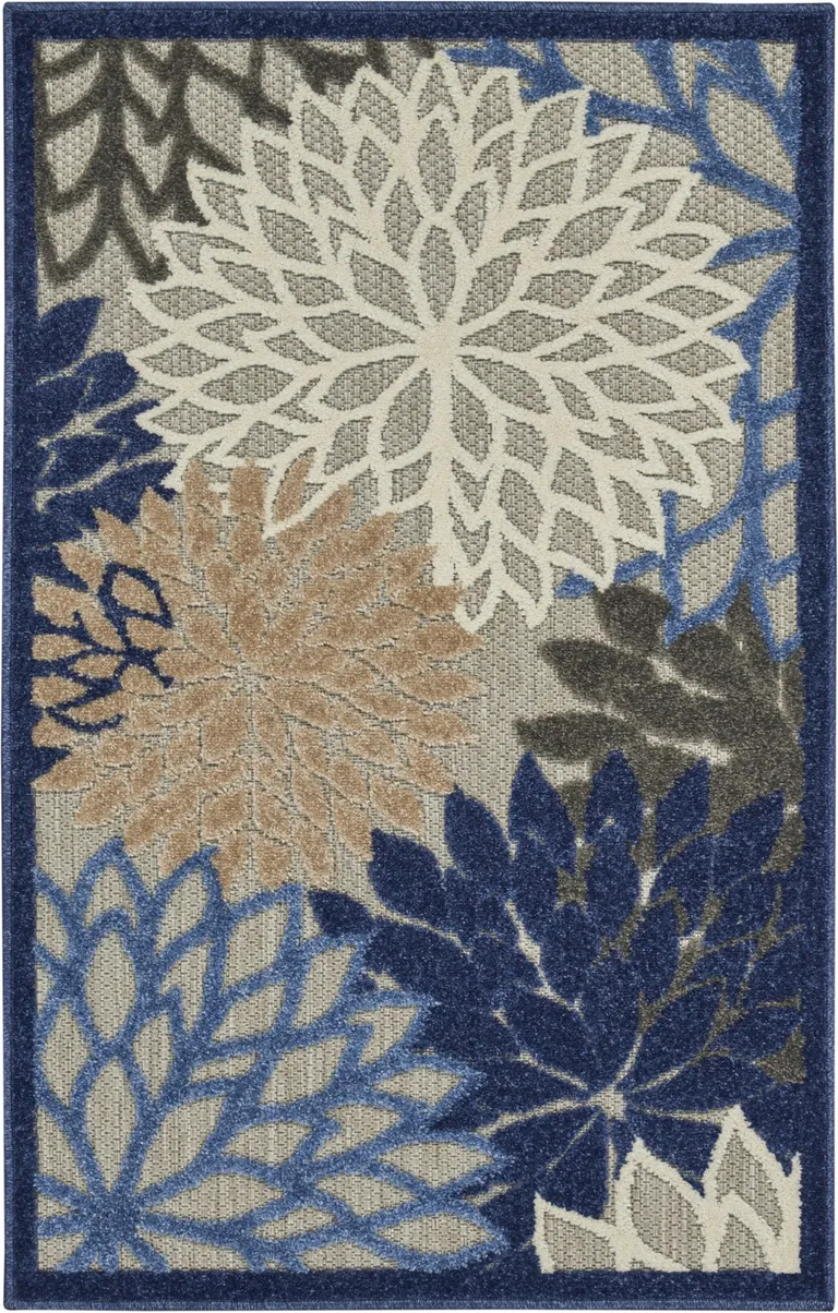 Blue Large Floral Indoor Outdoor Area Rug Photo 1