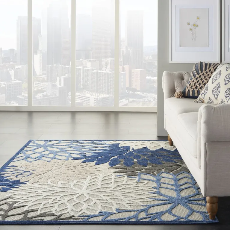 Blue Large Floral Indoor Outdoor Area Rug Photo 5