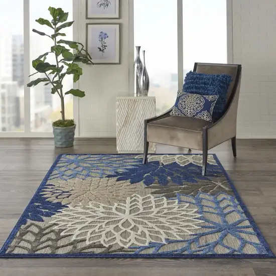 Blue Large Floral Indoor Outdoor Area Rug Photo 6