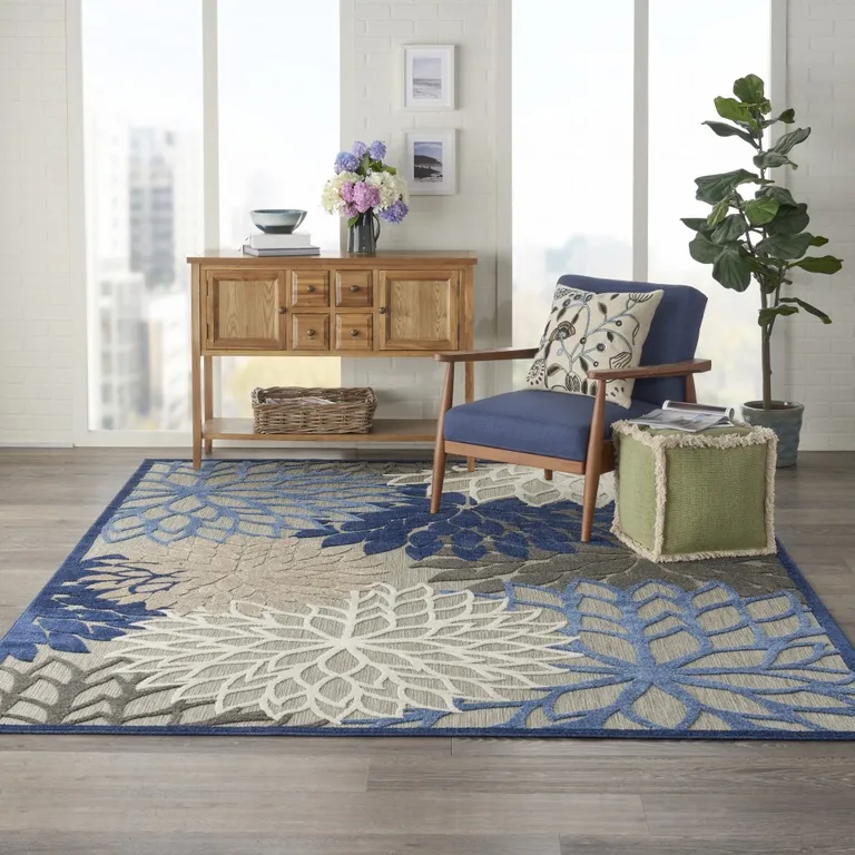 Blue Large Floral Indoor Outdoor Area Rug Photo 5
